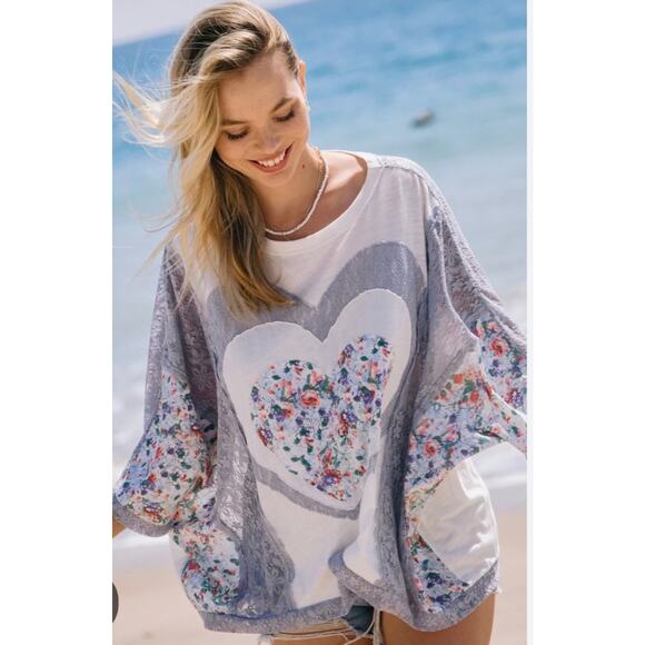 Oddi Tops - 5261) Oddi Heart Lace Batwing Patchwork Boho Spring Floral Lace Oversize Top S/M